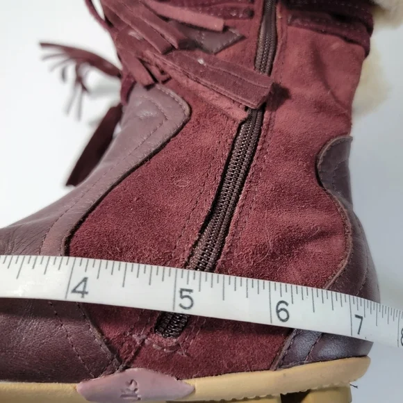 Clark Brown Leather With Faux Fur Trim Side Zip Lace Up Tassel Boots Girl 10.5 - Picture 8 of 12